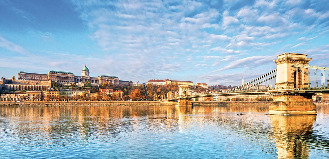 A view across the Danube River towards Buda Castle and the Chain Bridge in Budapest, Hungary